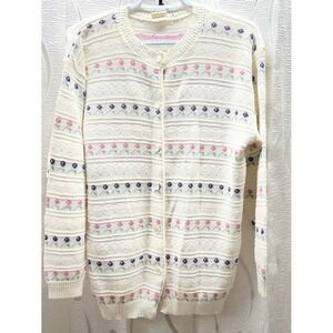 VINTAGE Avon Fashions Cardigan Womens Medium Cream Pink Floral Pointelle Vintage